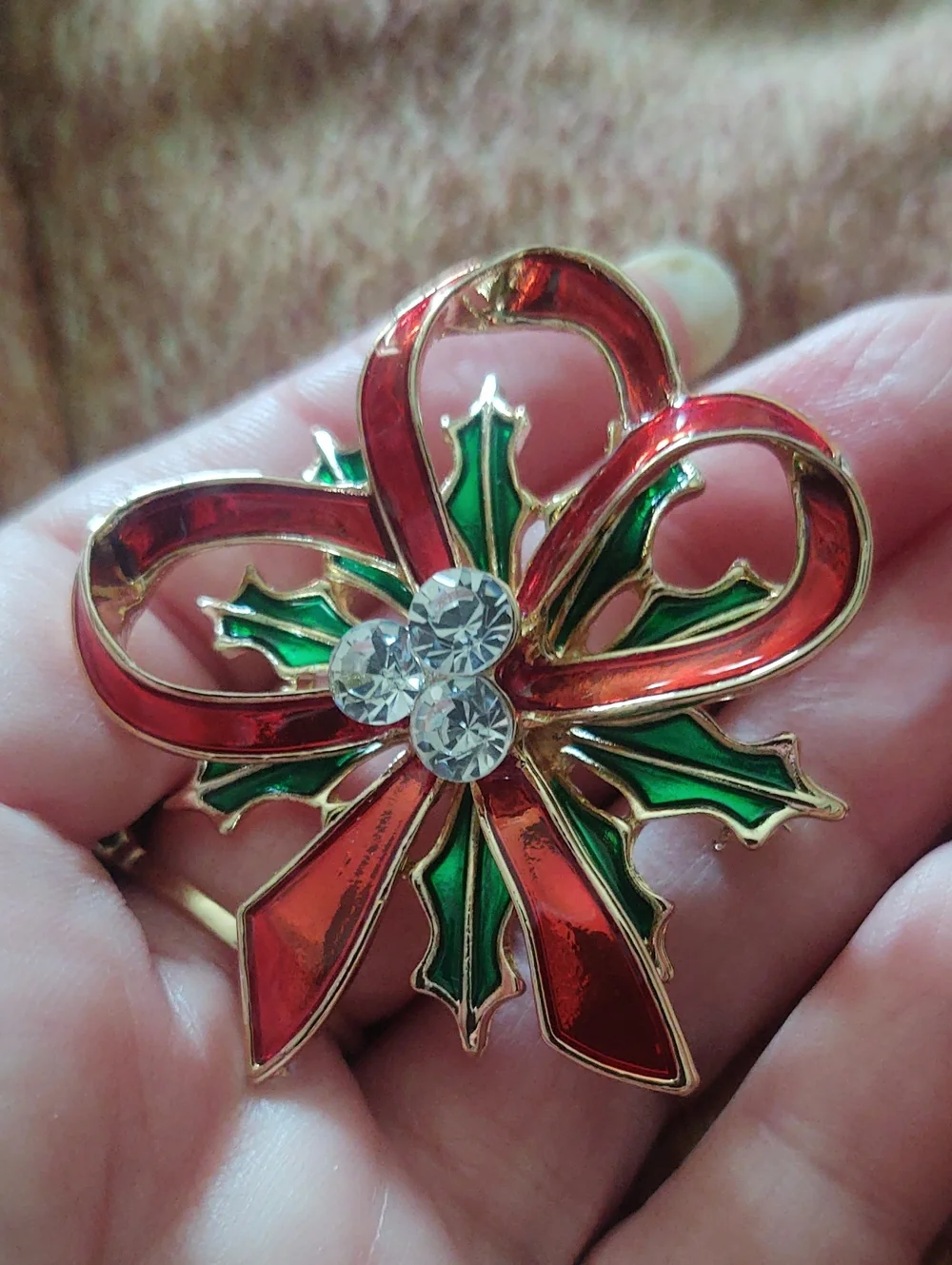 Christmas Ribbon And Holly Brooch